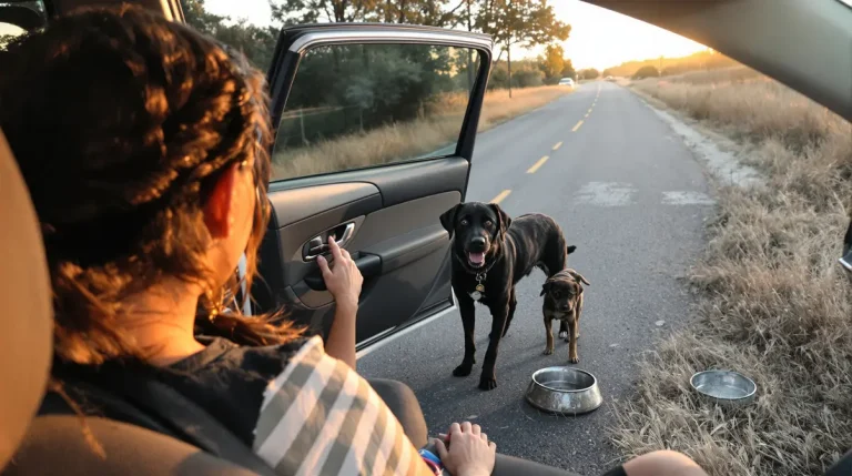 En voyant une chienne et ses 2 chiots au bord de la route, une automobiliste fait aussitôt demi-tour En voyant une chienne et ses 2 chiots au bord de la route, une automobiliste fait aussitôt demi-tour